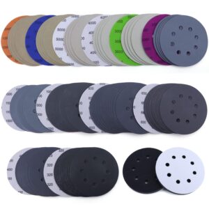 poliwell 5 inch sanding discs hook and loop 8 hole heavy duty silicon carbide sandpaper 320 400 600 800 1000 1500 2000 3000 4000 5000 7000 10000 with interface pad for random orbital sander,120 pack