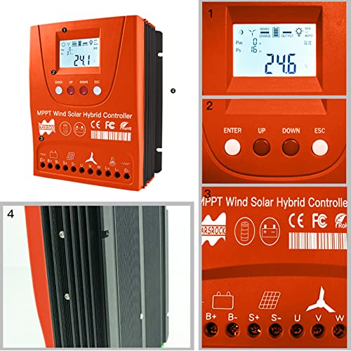 Mars Rock 3000W 12V 24V 48V 0~1500W Wind 0~1500W Solar MPPT Wind Solar Hybrid Controller Pioneer Version Charge Lithium & Lead Acid Gel Battery (12V/24V Auto)