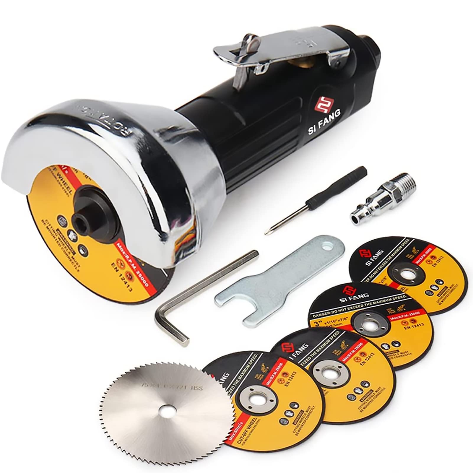 SI FANG 3 Inch Air Cut Off Tool with 5Pcs Die Grinder Cut Off Wheels and 1Pcs HSS Circular Saw Blade, Pneumatic Cutting Machine Metal Sheet Cutter Tool Kit, 20000RPM