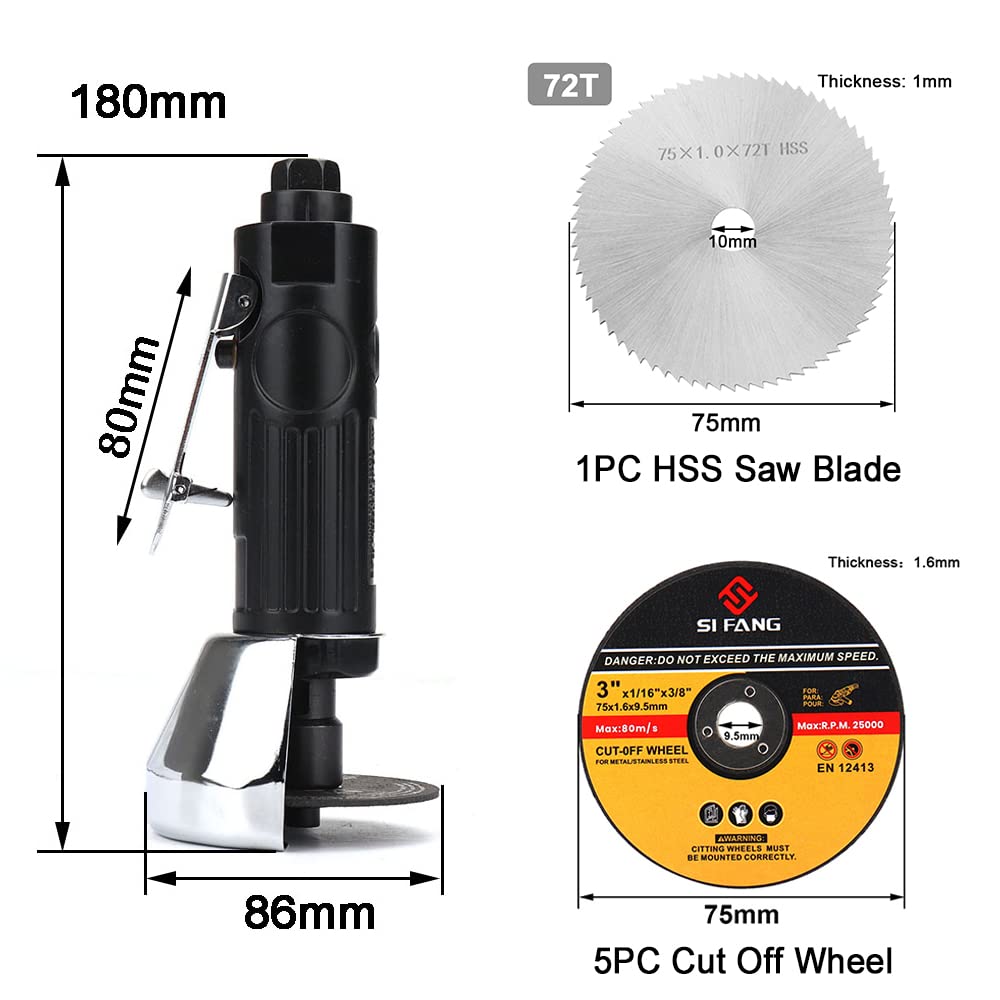 SI FANG 3 Inch Air Cut Off Tool with 5Pcs Die Grinder Cut Off Wheels and 1Pcs HSS Circular Saw Blade, Pneumatic Cutting Machine Metal Sheet Cutter Tool Kit, 20000RPM