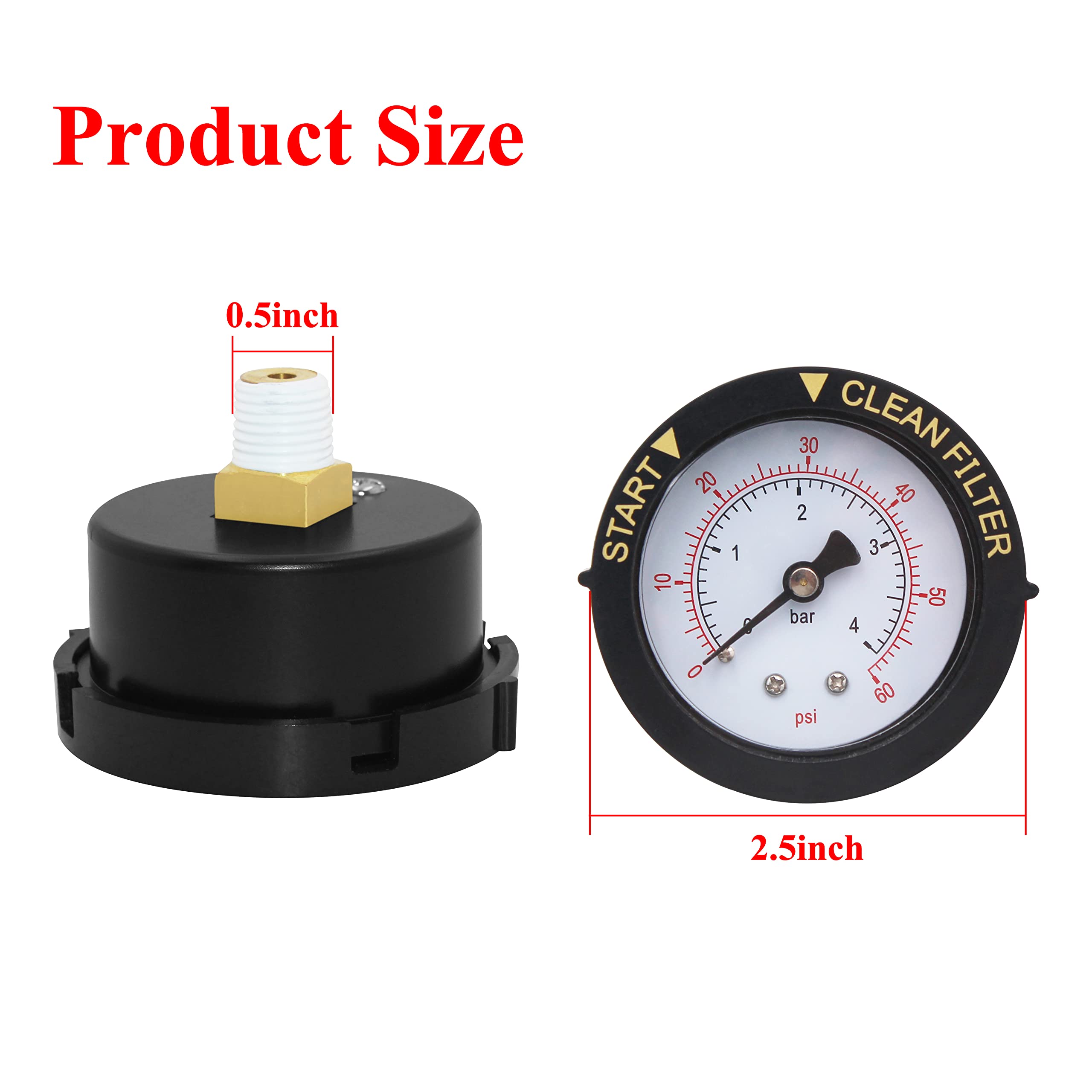 LUKYER 190059 Rear Mount Pressure Gauge Replacement for Pool/Spa Valve and Filter，Compatible with Star Polymeric, FNS, SM & SMBW 4000/2000 Series,0-60 Psi/bar，Aftermarket Part