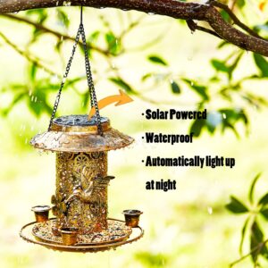 JUYUAN Solar Bird Feeder 3 Cups Hanging Metal Feeders for Hummingbird Cardinal, Modern Cute Durable Metal Body Waterproof Design and Lights up Automatically, Decorative in Your Garden, Patio, Lawn