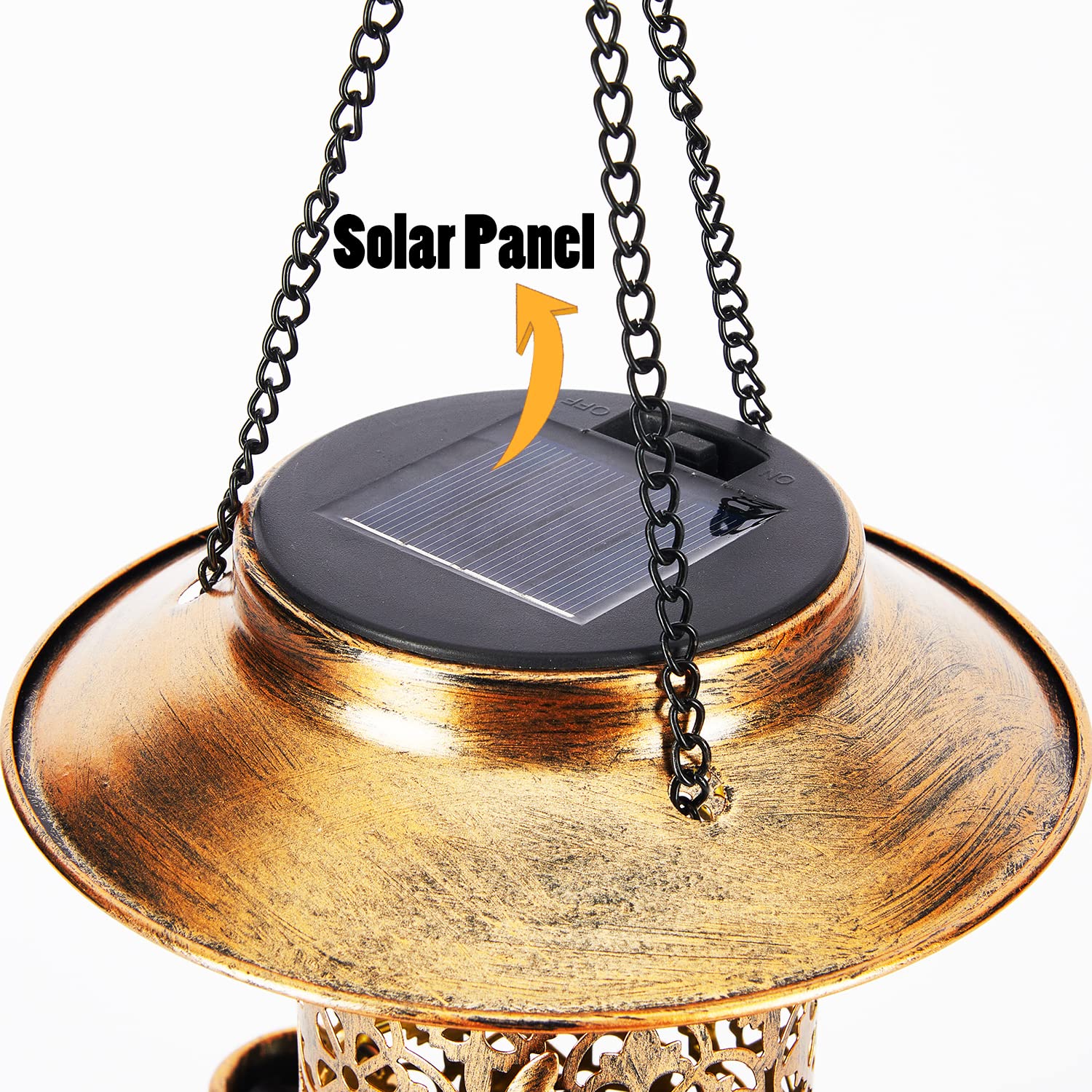 JUYUAN Solar Bird Feeder 3 Cups Hanging Metal Feeders for Hummingbird Cardinal, Modern Cute Durable Metal Body Waterproof Design and Lights up Automatically, Decorative in Your Garden, Patio, Lawn