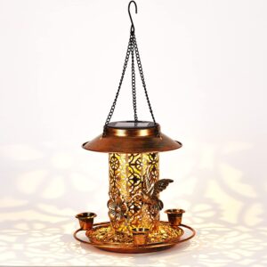 JUYUAN Solar Bird Feeder 3 Cups Hanging Metal Feeders for Hummingbird Cardinal, Modern Cute Durable Metal Body Waterproof Design and Lights up Automatically, Decorative in Your Garden, Patio, Lawn