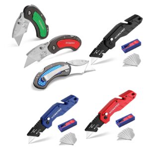 workpro 3-piece folding utility knife set & 3-piece folding utility knife (blue/balck/red), 40-piece extra blades included