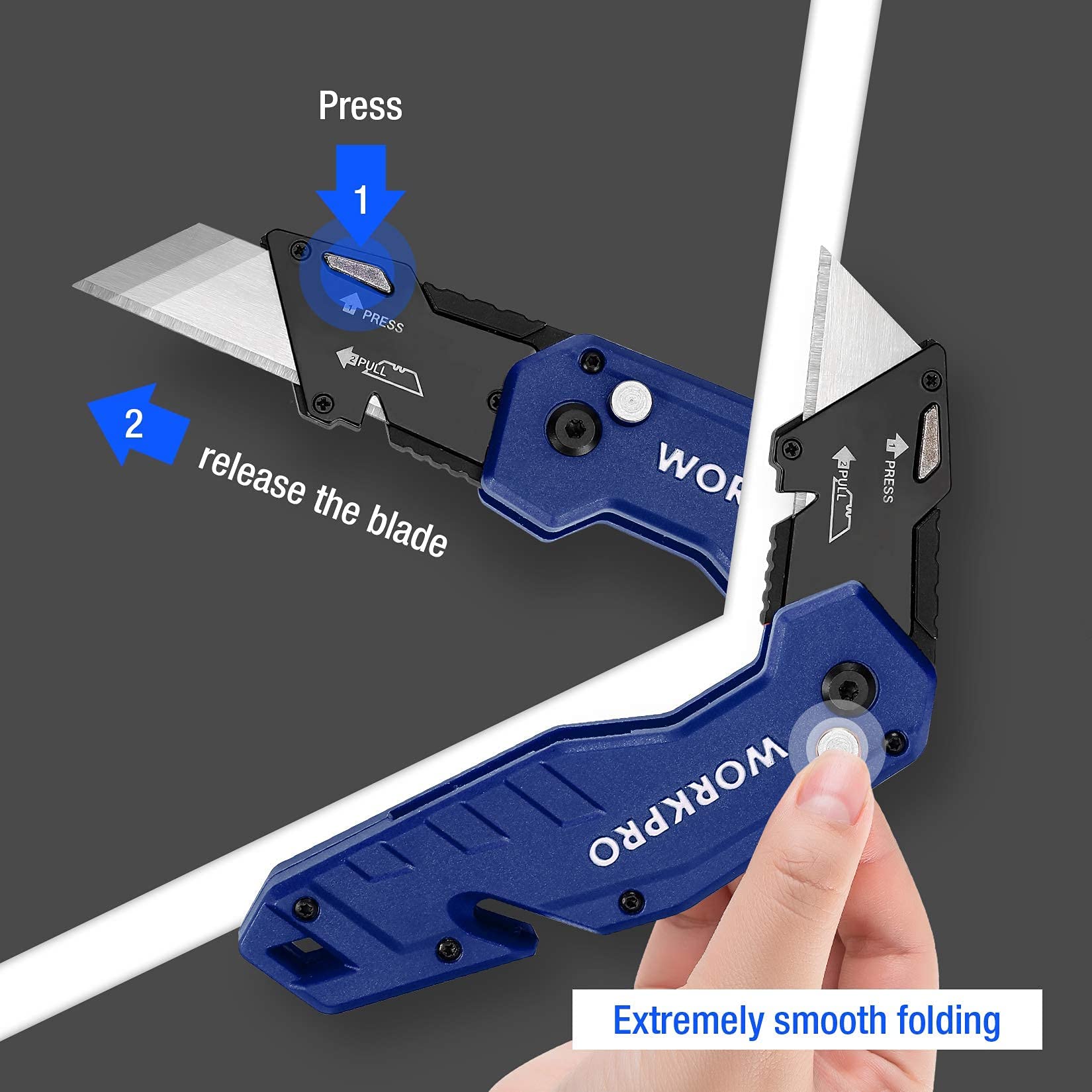 WORKPRO 3-piece Folding Utility Knife Set & 3-piece Folding Utility Knife (Blue/Balck/Red), 40-piece Extra Blades Included