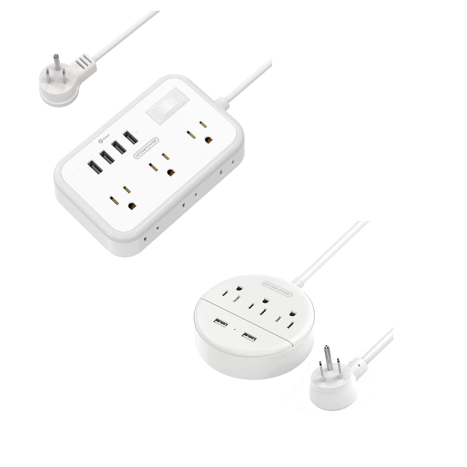 Power Strip Bundle, NTONPOWER Flat Plug Power Strip with Long Extension Cord 15ft and Short Extension Cord 5ft, Desktop Charging Station Wall Mount for Home, Dorm Room, Office and Nightstand - White