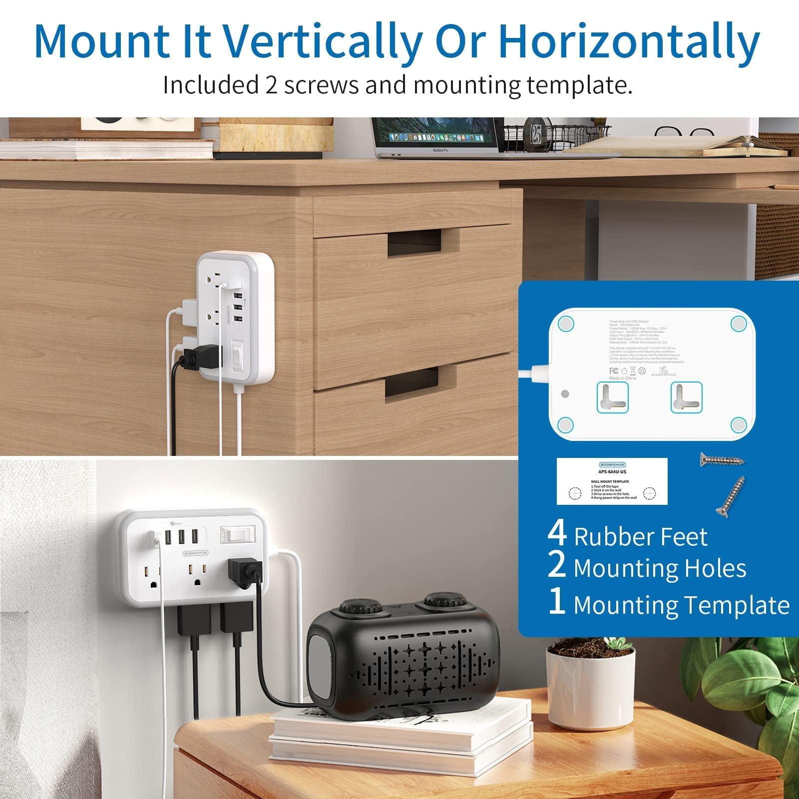 Power Strip Bundle, NTONPOWER Flat Plug Power Strip with Long Extension Cord 15ft and Short Extension Cord 5ft, Desktop Charging Station Wall Mount for Home, Dorm Room, Office and Nightstand - White