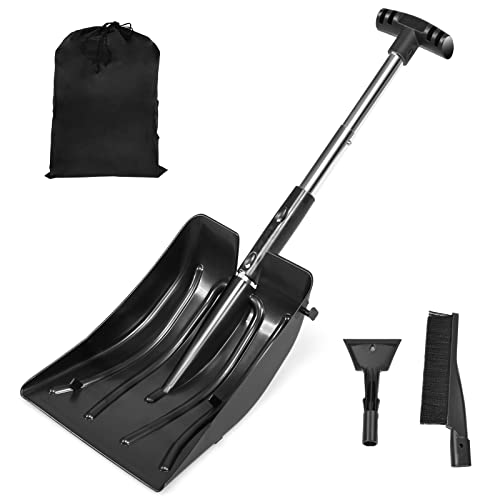 GYMAX 3 in 1 Retractable Snow Shovel, 35” Adjustable Snow Shovel Kit with Snow Brush & Ice Scraper, Portable Snow Removal Combo with Carrying Bag, Portable for Vehicle, Outdoor, Backyard