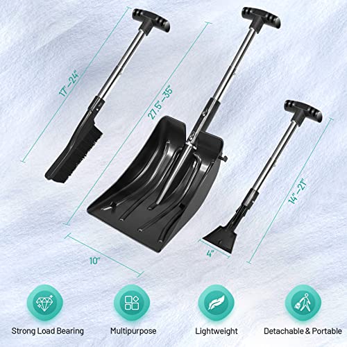 GYMAX 3 in 1 Retractable Snow Shovel, 35” Adjustable Snow Shovel Kit with Snow Brush & Ice Scraper, Portable Snow Removal Combo with Carrying Bag, Portable for Vehicle, Outdoor, Backyard