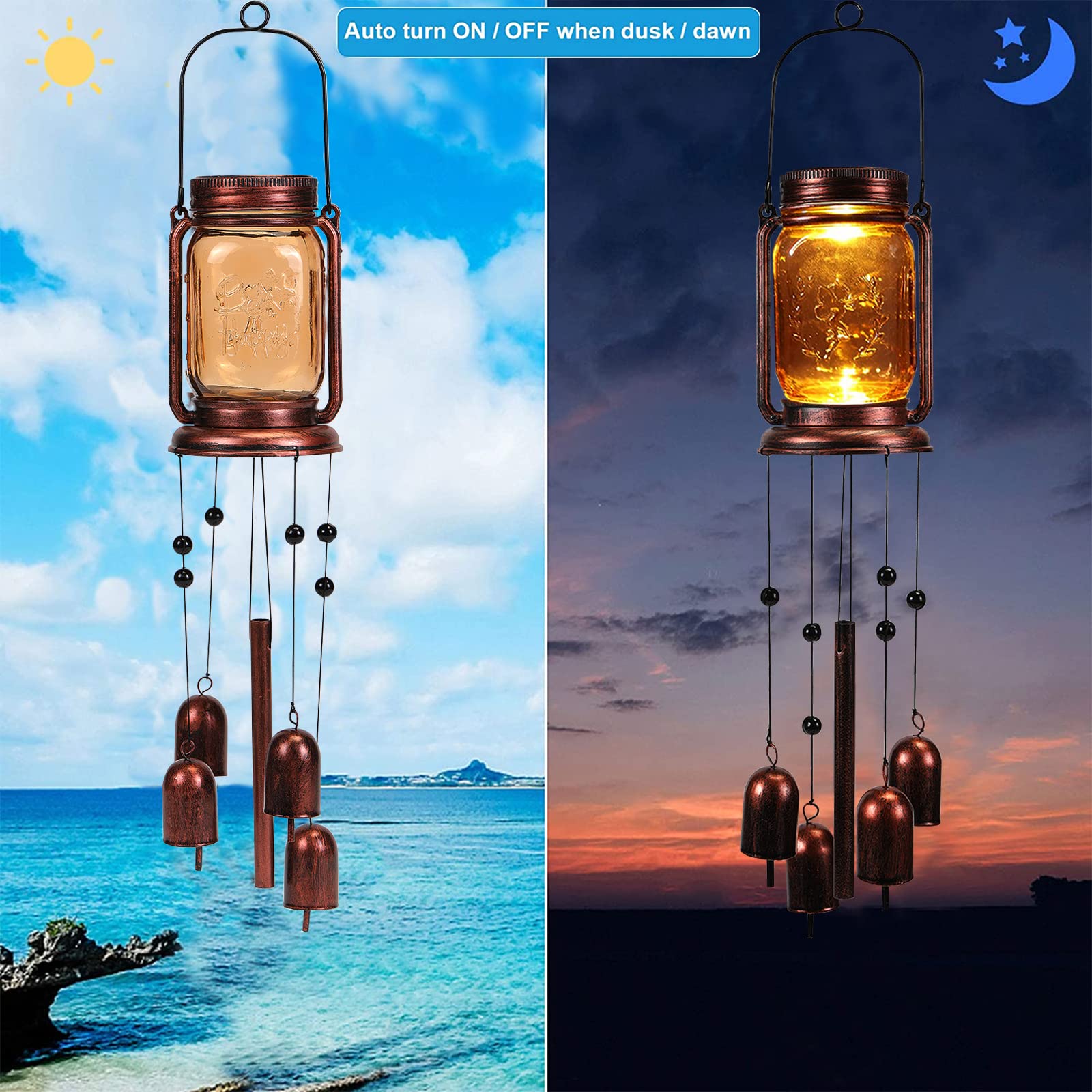 Gthmine Solar Wind Chimes for Outside,Mason Jar Wind Chime Light,Waterproof Windchimes for Garden,Patio Decor,Memorial Wind Chimes,Birthday Gift for Mom,Wife,Grandma,Neighbors (2 Pack)