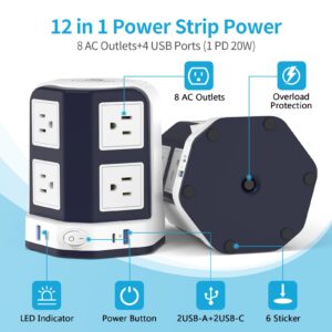 PD20W USB C Surge Protector Power Strip Tower, 10 FT Extension Cord with Multiple Outlets, HAFINO 8 Outlets with 4 USB Ports, Flat Plug Desktop Charging Station, Home Office Dorm Room Desk Essentials
