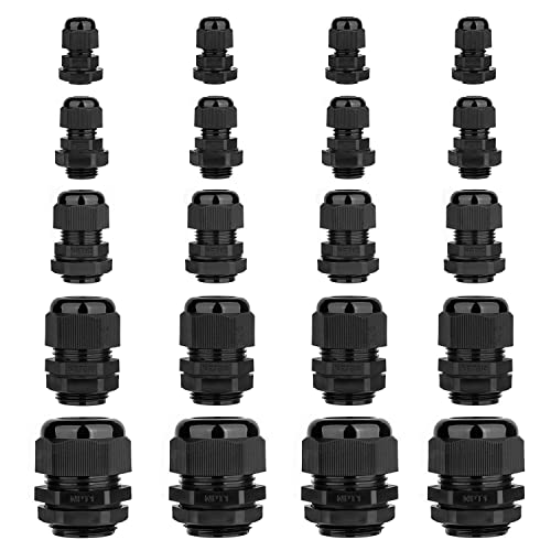 AMPELE Cable Gland 20 Pack 3-25mm Waterproof Adjustable 1/4'', 3/8'', 1/2'', 3/4'', 1'' NPT Cable Gland Joints with Gaskets (Each 4 Pack, 20 Pack)