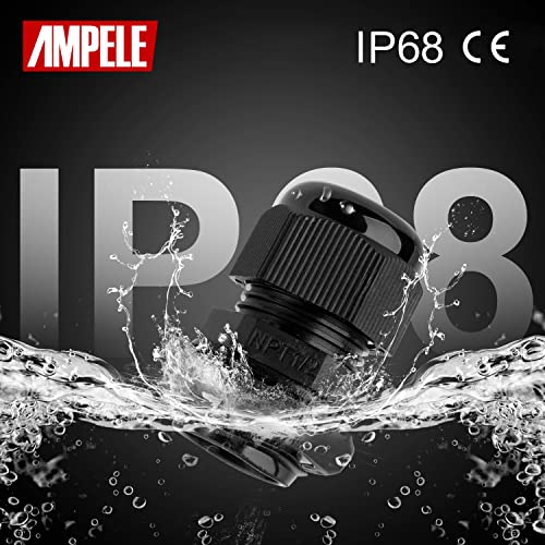 AMPELE Cable Gland 20 Pack 3-25mm Waterproof Adjustable 1/4'', 3/8'', 1/2'', 3/4'', 1'' NPT Cable Gland Joints with Gaskets (Each 4 Pack, 20 Pack)