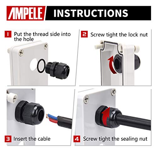 AMPELE Cable Gland 20 Pack 3-25mm Waterproof Adjustable 1/4'', 3/8'', 1/2'', 3/4'', 1'' NPT Cable Gland Joints with Gaskets (Each 4 Pack, 20 Pack)