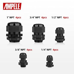 AMPELE Cable Gland 20 Pack 3-25mm Waterproof Adjustable 1/4'', 3/8'', 1/2'', 3/4'', 1'' NPT Cable Gland Joints with Gaskets (Each 4 Pack, 20 Pack)