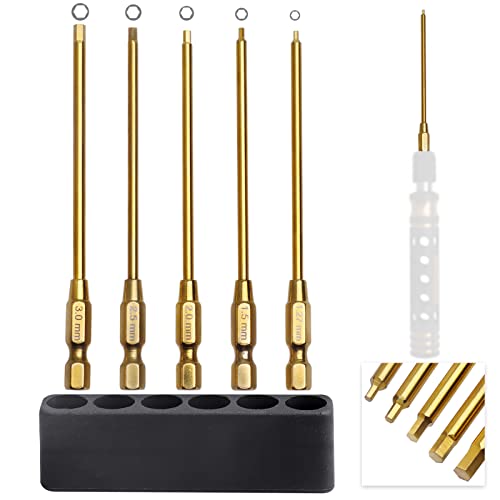 AllinRC 1.27mm 1.5mm 2.0mm 2.5mm 3.0mm Hex Bit Set Allen Wrench Drill Bits Compatible with Power Drills Impact Driver Electric Screwgun RC Tool Kit (5-Pack)