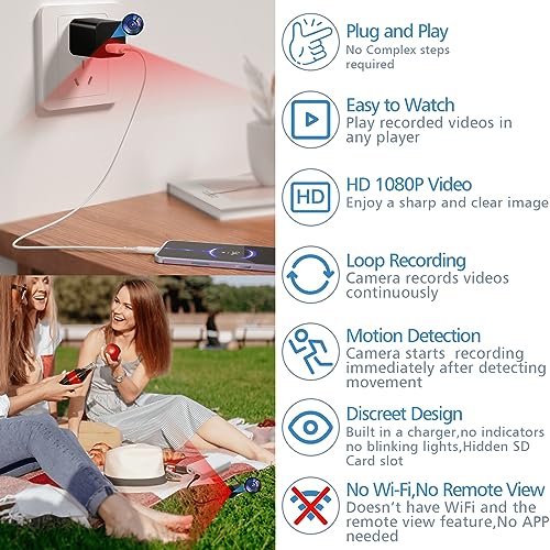 HD 1080P Hidden Spy Camera Charger - USB Nanny Cam with Motion Sensor - Secret Surveillance Camera - Mini Security Cam for Home, Office, Pets - No Wi-Fi Needed, Supports SD Card, Portable Design