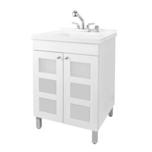 js jackson supplies utility sink with white vanity cabinet, chrome finish pull-out sprayer faucet, soap dispenser and spacious vanity for laundry room