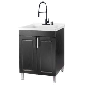js jackson supplies utility sink vanity, matte black pull-down coil faucet, soap dispenser and spacious black cabinet for laundry room