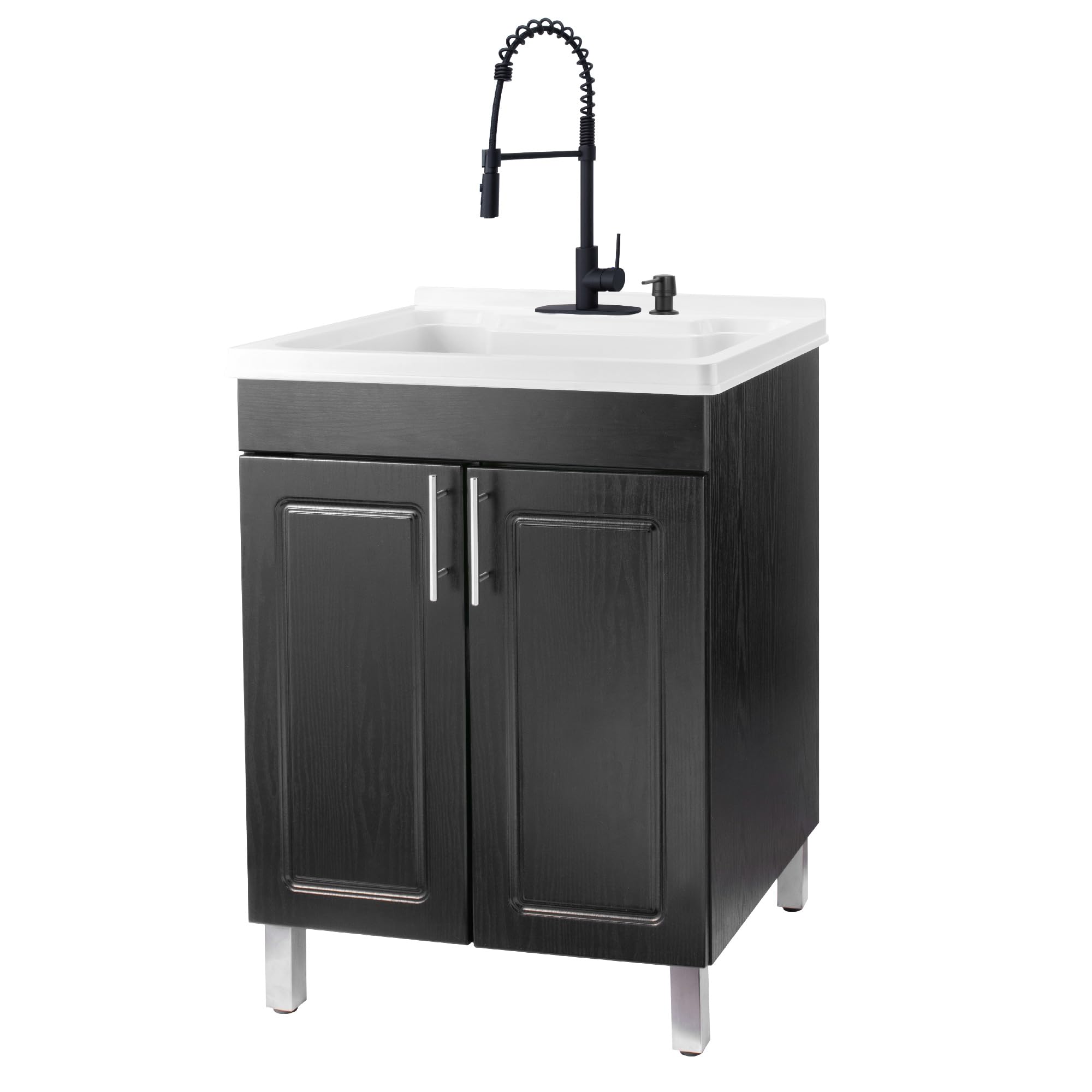 JS Jackson Supplies Utility Sink Vanity, Matte Black Pull-Down Coil Faucet, Soap Dispenser and Spacious Black Cabinet for Laundry Room