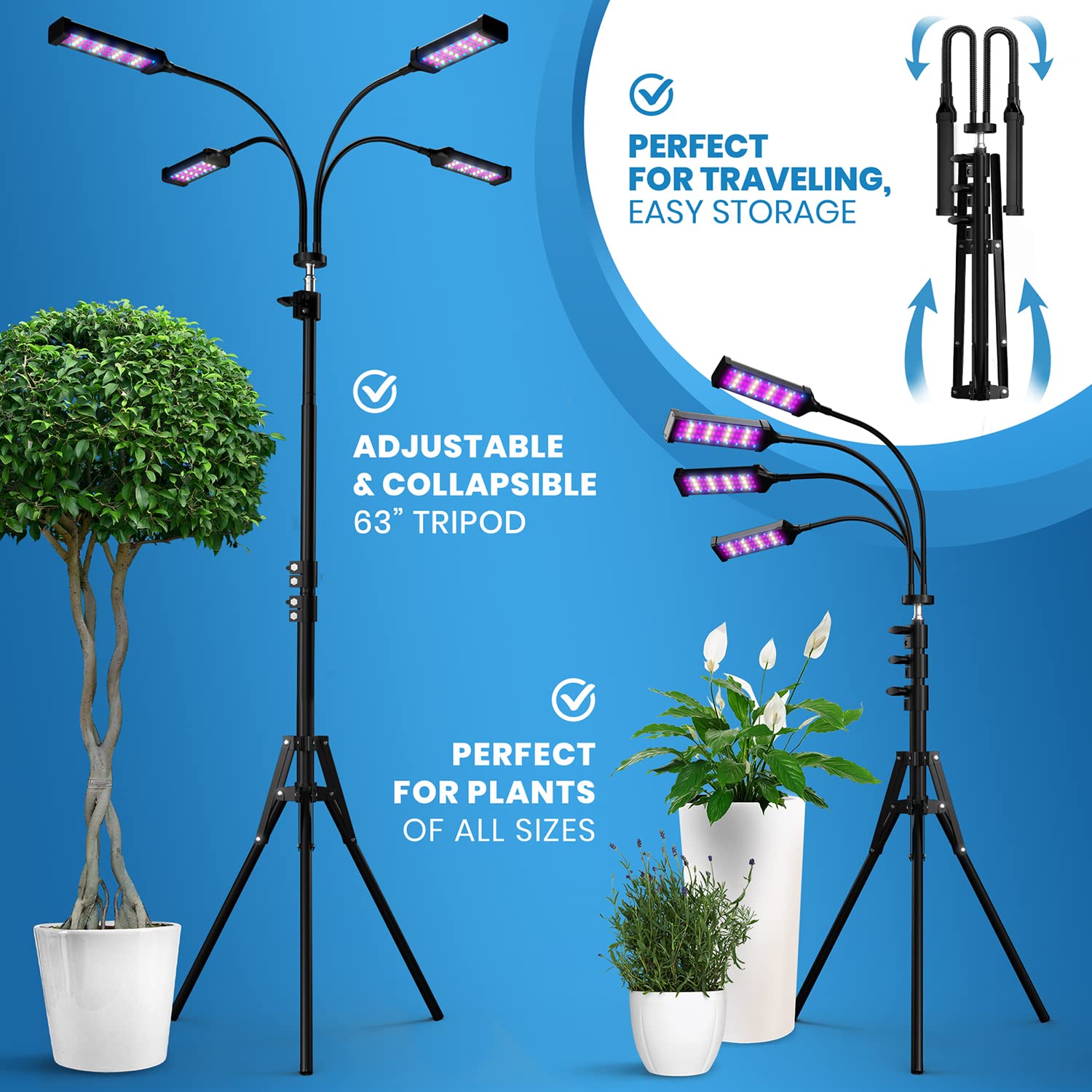 Everlasting Comfort Grow Lights for Indoor Plants Full Spectrum - LED Grow Light (4 Lamps), 3-18 Hour Timer, Adjustable 63" Tripod, Indoor Grow Lights for House Plants, Plant Light for Seed Starting