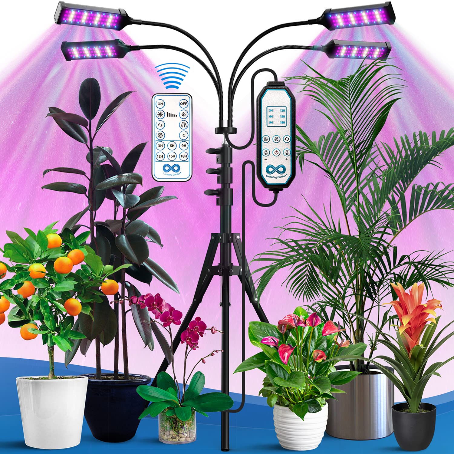 Everlasting Comfort Grow Lights for Indoor Plants Full Spectrum - LED Grow Light (4 Lamps), 3-18 Hour Timer, Adjustable 63" Tripod, Indoor Grow Lights for House Plants, Plant Light for Seed Starting