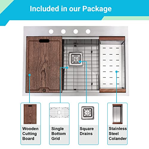 Strictly Sinks 33 Topmount Kitchen Workstation Sink Silver Single Bowl 16 Gauge Stainless Steel Drop In Sink With Scratch, Stain Resistant Colander, Cutting Board, Bottom Grid & Strainer Square Drain