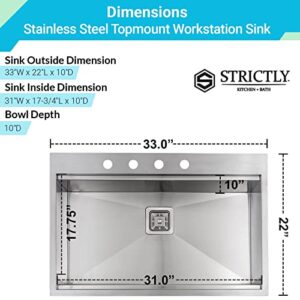 Strictly Sinks 33 Topmount Kitchen Workstation Sink Silver Single Bowl 16 Gauge Stainless Steel Drop In Sink With Scratch, Stain Resistant Colander, Cutting Board, Bottom Grid & Strainer Square Drain