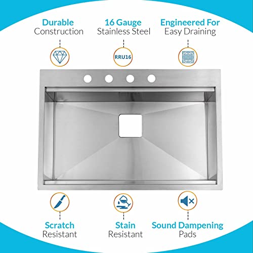 Strictly Sinks 33 Topmount Kitchen Workstation Sink Silver Single Bowl 16 Gauge Stainless Steel Drop In Sink With Scratch, Stain Resistant Colander, Cutting Board, Bottom Grid & Strainer Square Drain