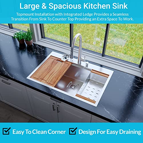 Strictly Sinks 33 Topmount Kitchen Workstation Sink Silver Single Bowl 16 Gauge Stainless Steel Drop In Sink With Scratch, Stain Resistant Colander, Cutting Board, Bottom Grid & Strainer Square Drain