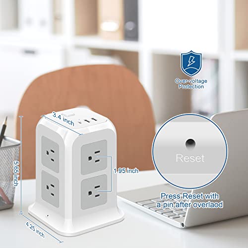 ODOM Tower Power Strip Surge Protector Flat Plug with 8 Outlets 4 USB Ports (2 USB C), 6 Feet Extension Cord with Multiple Outlets, Multi Charging Station, Home Office Supplies, Dorm Room Essentials