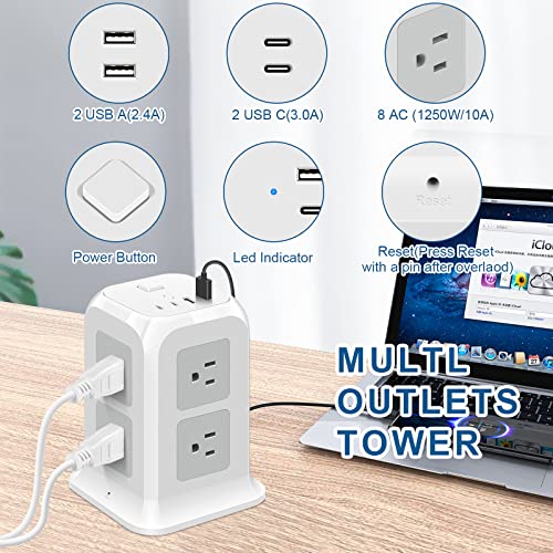 ODOM Tower Power Strip Surge Protector Flat Plug with 8 Outlets 4 USB Ports (2 USB C), 6 Feet Extension Cord with Multiple Outlets, Multi Charging Station, Home Office Supplies, Dorm Room Essentials