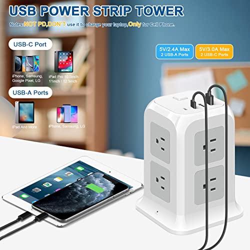 ODOM Tower Power Strip Surge Protector Flat Plug with 8 Outlets 4 USB Ports (2 USB C), 6 Feet Extension Cord with Multiple Outlets, Multi Charging Station, Home Office Supplies, Dorm Room Essentials