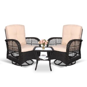 meetwarm 3 pieces outdoor wicker swivel rocker patio set, rocking chairs rattan patio furniture sets with thickened cushion and glass-top coffee table, conversation bistro set for porch (dark brown)