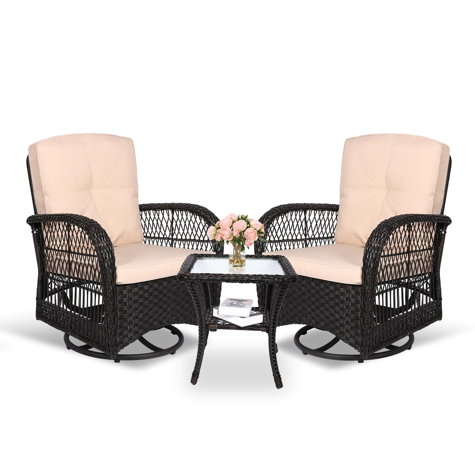 MEETWARM 3 Pieces Outdoor Wicker Swivel Rocker Patio Set, Rocking Chairs Rattan Patio Furniture Sets with Thickened Cushion and Glass-Top Coffee Table, Conversation Bistro Set for Porch (Dark Brown)