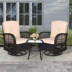 MEETWARM 3 Pieces Outdoor Wicker Swivel Rocker Patio Set, Rocking Chairs Rattan Patio Furniture Sets with Thickened Cushion and Glass-Top Coffee Table, Conversation Bistro Set for Porch (Dark Brown)