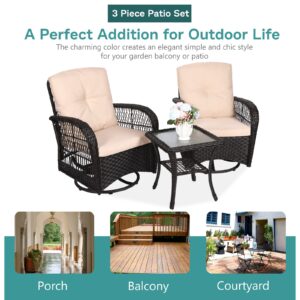 MEETWARM 3 Pieces Outdoor Wicker Swivel Rocker Patio Set, Rocking Chairs Rattan Patio Furniture Sets with Thickened Cushion and Glass-Top Coffee Table, Conversation Bistro Set for Porch (Dark Brown)