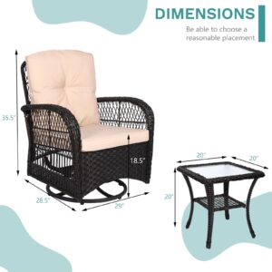 MEETWARM 3 Pieces Outdoor Wicker Swivel Rocker Patio Set, Rocking Chairs Rattan Patio Furniture Sets with Thickened Cushion and Glass-Top Coffee Table, Conversation Bistro Set for Porch (Dark Brown)