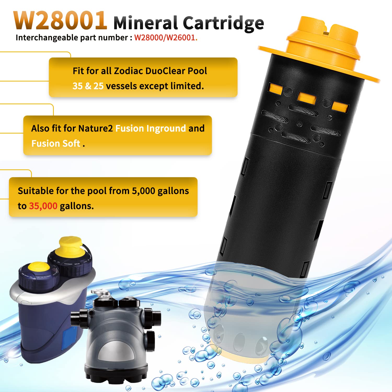 Replacement for Nature2 W28001 W28000 W26001 Mineral Cartridge Fit for All Zodiac DuoClear & Fusion Pool Sanitizers 25 35 Vessels Except Limited, for 5000-35000 Gallon Pool