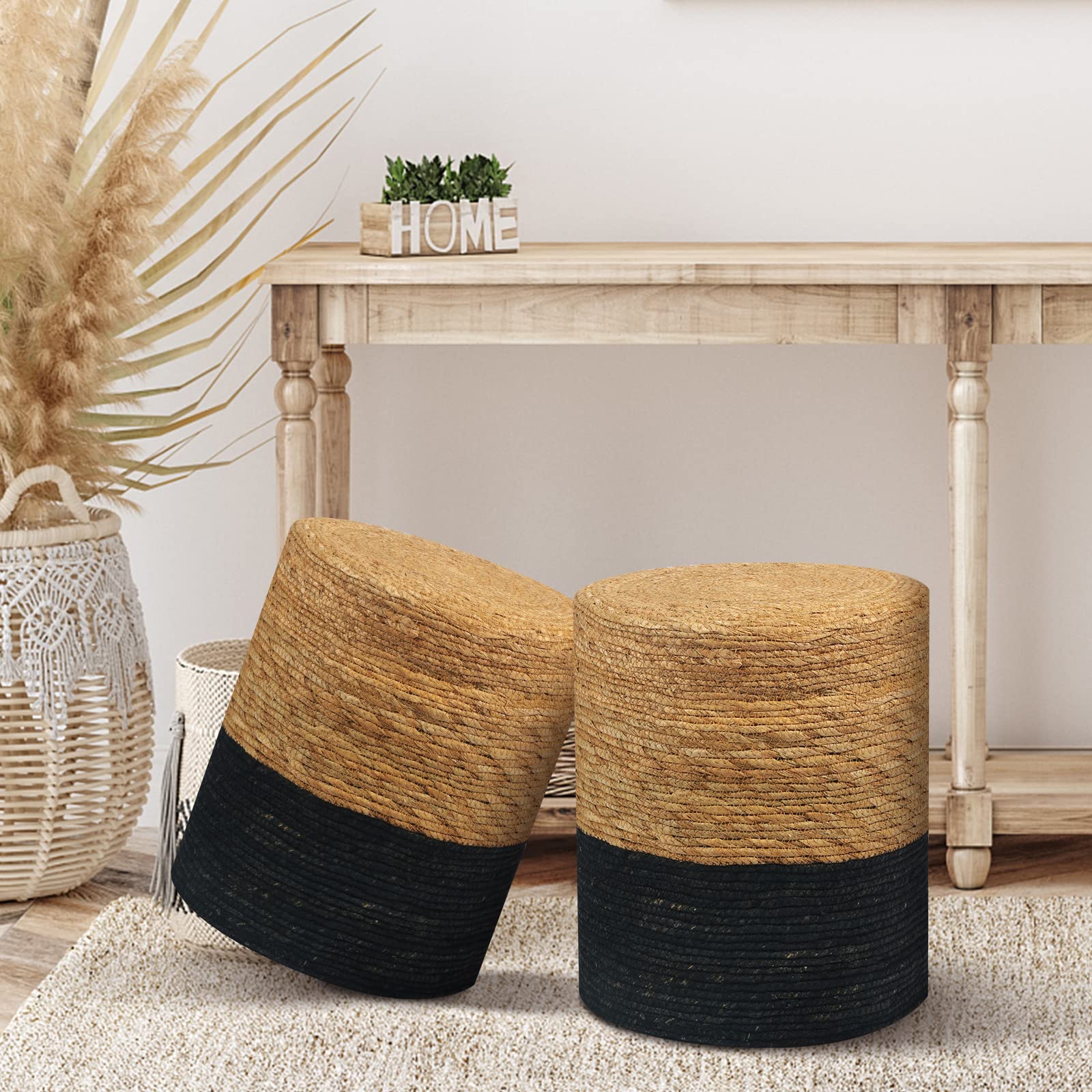 Wimarsbon Natural Seagrass Foot Stool, Hand Weaving Round Ottoman, for Living Room, Outdoor Seat (Natural & Black)