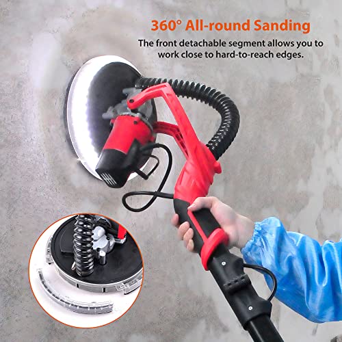 Electric Drywall Sander,750W Popcorn Ceiling Sander with Double-Deck LED Lights,Power Drywall Sander with 6 Variable Speed,1000-2100 RPM,Extendable Aluminum Handle,Long Vacuum Pipe,12 Sanding Papers