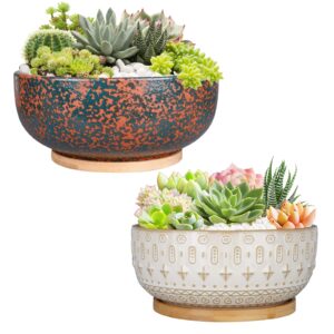 fivepot 10+8 inch ceramic succulent planter pots with drainage hole clay flower pot for indoor plants round shallow bonsai pot with bamboo tray white