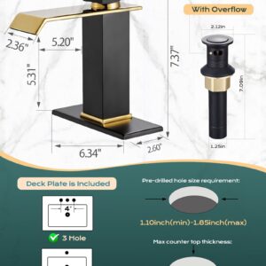 KUZOR Waterfall Bathroom Faucets 1 Hole Single Handle, Matte Black & Shiny Gold Bathroom Sink Faucet with Metal Pop Up Drain, Modern Square Faucet for Bathroom Sink Single Hole