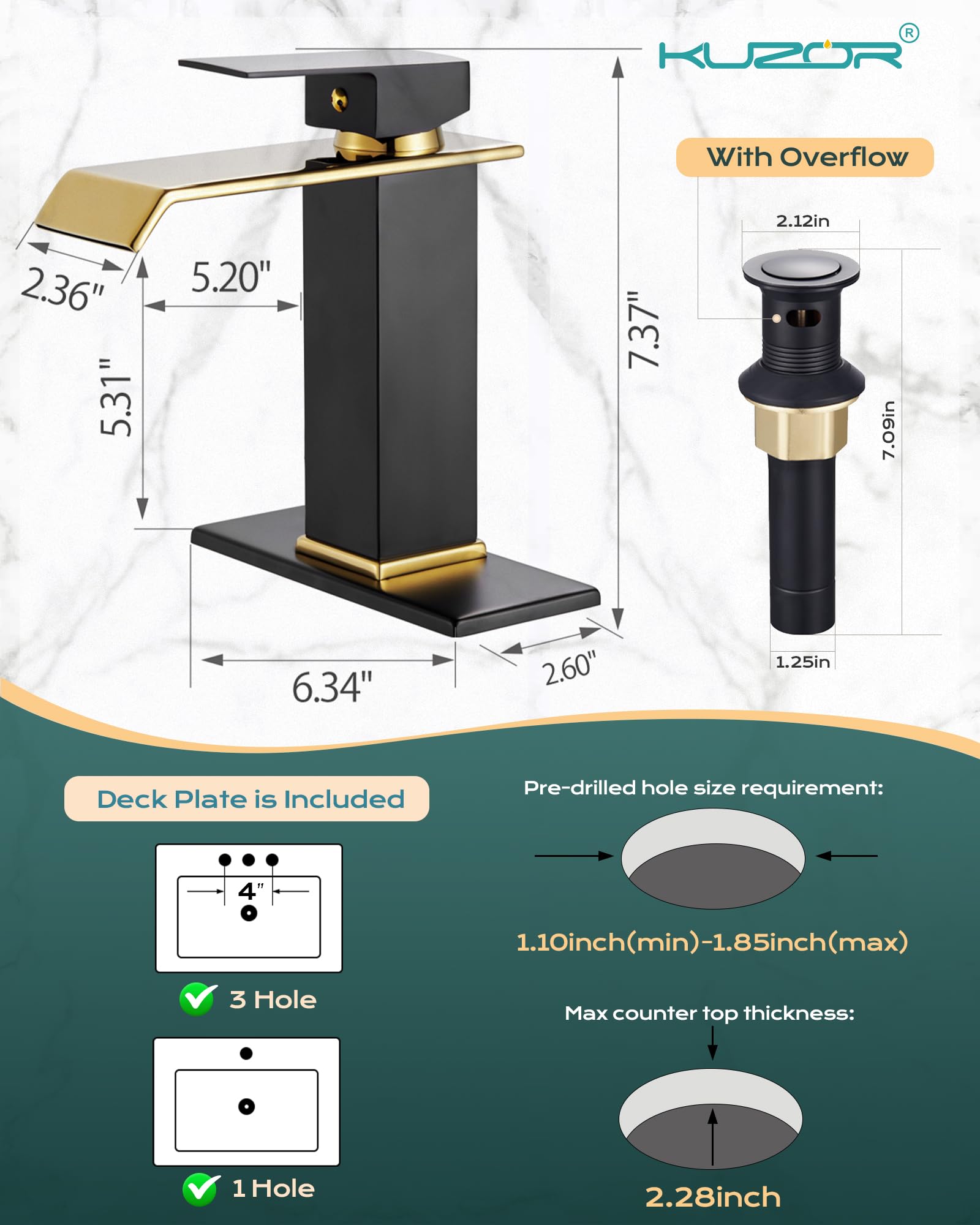 KUZOR Waterfall Bathroom Faucets 1 Hole Single Handle, Matte Black & Shiny Gold Bathroom Sink Faucet with Metal Pop Up Drain, Modern Square Faucet for Bathroom Sink Single Hole