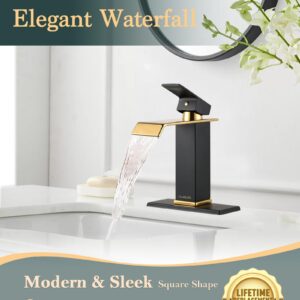 KUZOR Waterfall Bathroom Faucets 1 Hole Single Handle, Matte Black & Shiny Gold Bathroom Sink Faucet with Metal Pop Up Drain, Modern Square Faucet for Bathroom Sink Single Hole