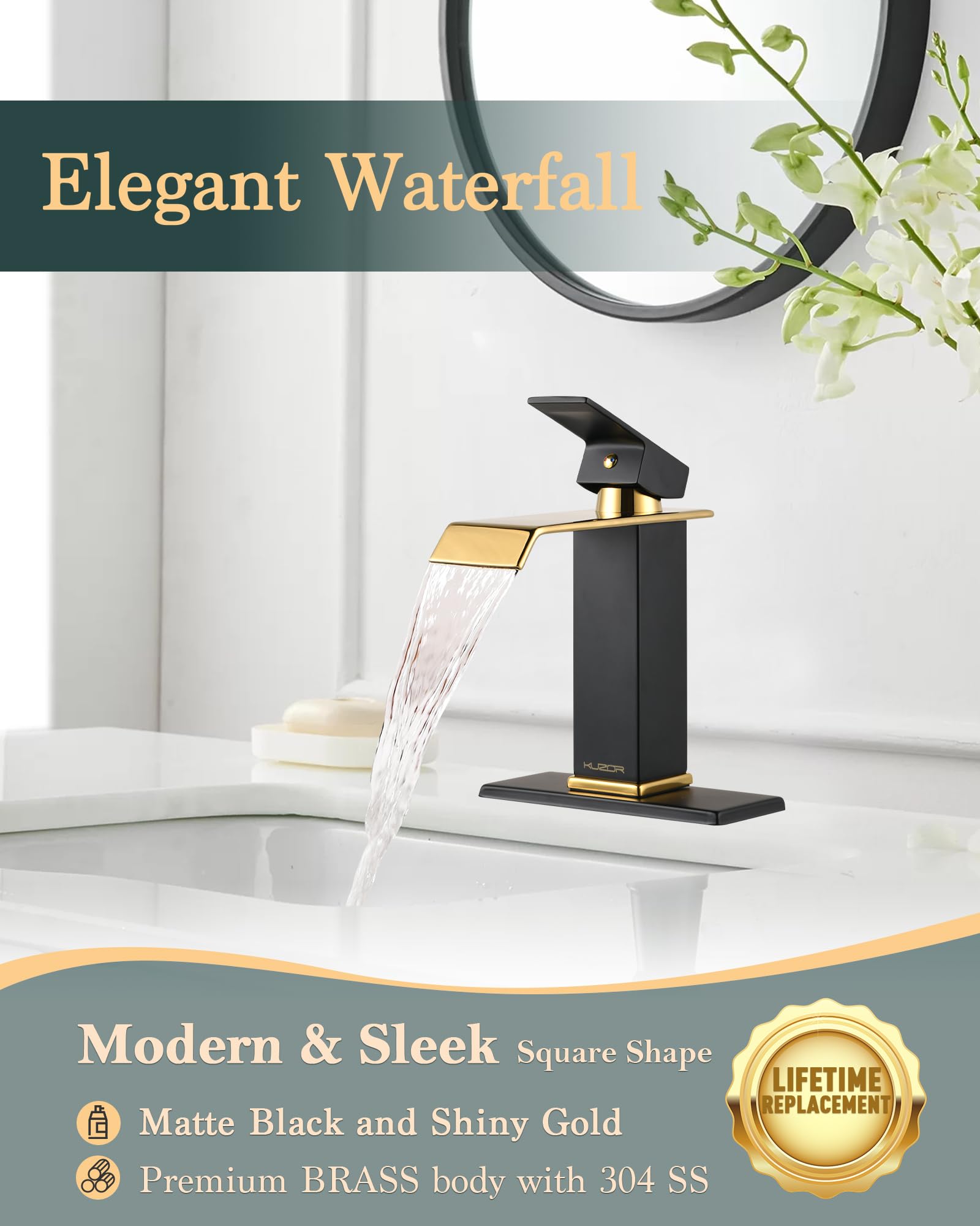 KUZOR Waterfall Bathroom Faucets 1 Hole Single Handle, Matte Black & Shiny Gold Bathroom Sink Faucet with Metal Pop Up Drain, Modern Square Faucet for Bathroom Sink Single Hole