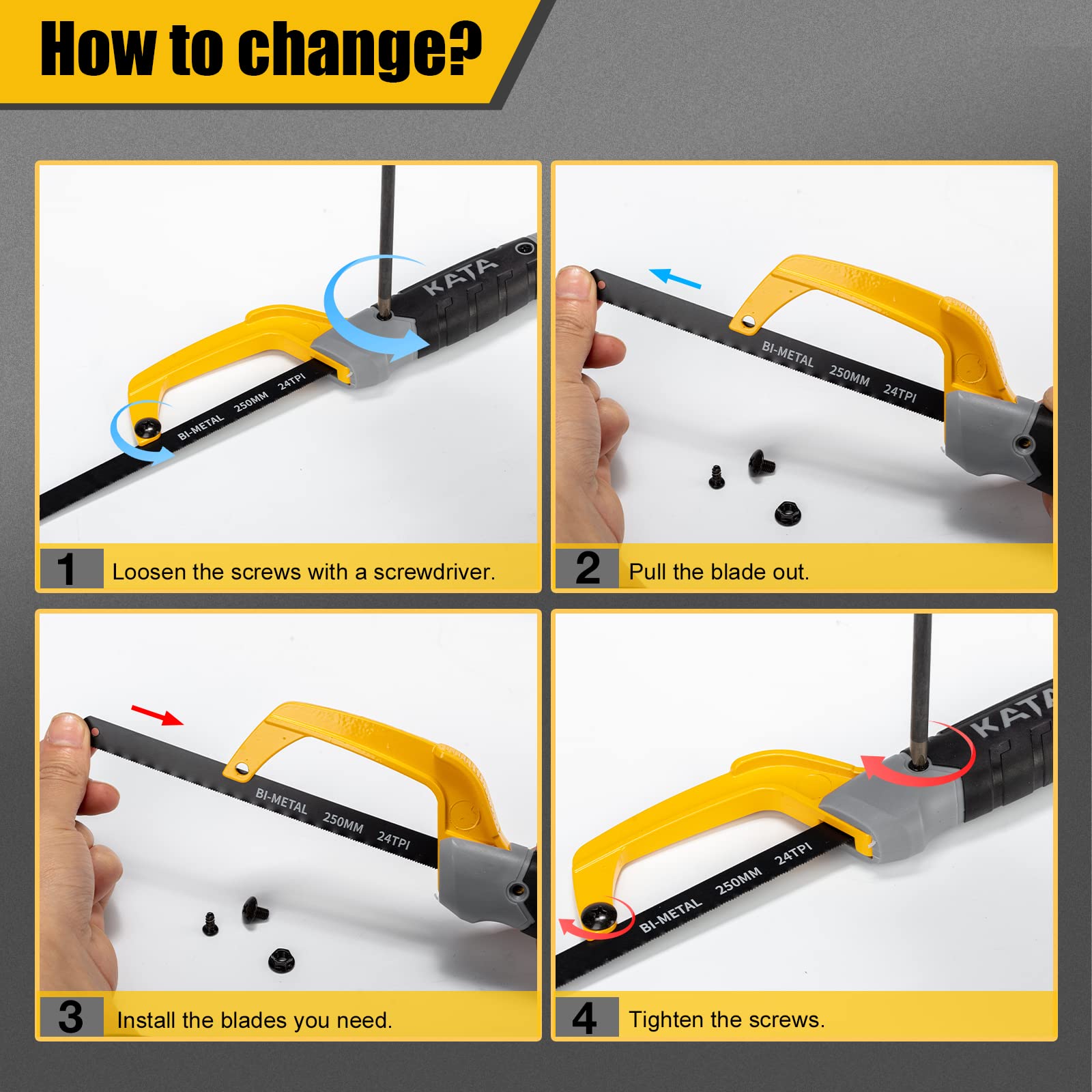 KATA Hacksaw Frame Set, 12" Hacksaw Frame, 10'' Mini Hacksaw and Drywall Saw/Jab Saw, Including 4pc Extra Flexible Bi-Metal HSS Blades, Handsaw for Metal, Wood, PVC Pipes