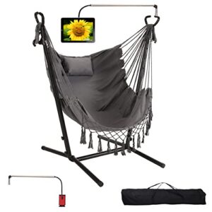 hammock with stand phone holder included double hanging chair macrame boho handmade adjustable swing indoor outdoor patio yard garden porch 400lbs capacity (2022 grey)
