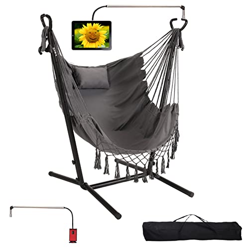 Hammock with Stand Phone Holder Included Double Hanging Chair Macrame Boho Handmade Adjustable Swing Indoor Outdoor Patio Yard Garden Porch 400lbs Capacity (2022 Grey)